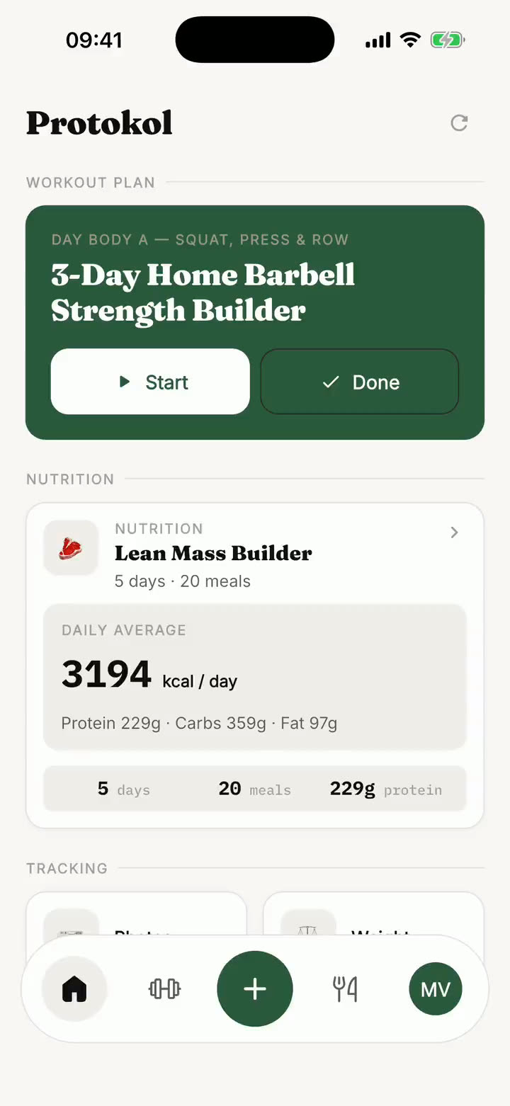 Protokol home screen with today's workout and a nutrition plan summary